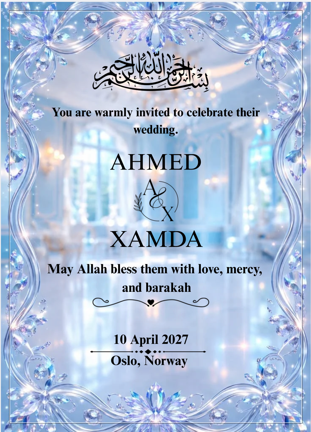 Crystal Blue Muslim Wedding Invitation